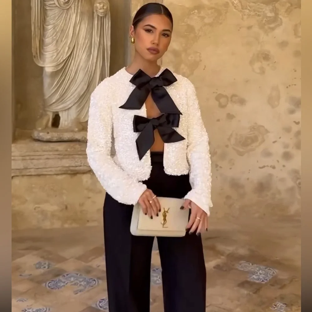 H&M viral bloggers fav white sequin black bow ribbon tie front cardigan / blouse - Picture 12 of 13